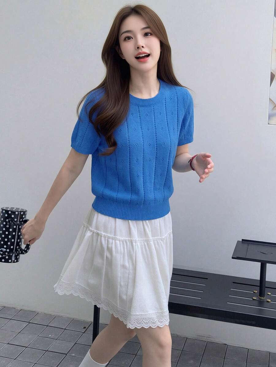 Alicedudu 女士简约圆领短袖针织T恤，夏季 - 藍色 - 查看 1