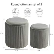 Juego de 2 taburetes redondos de terciopelo tapizados para maquillaje multifuncionales otomanos mesa de café reposapiés acolchado para sala de estar y dormitorio gris ligero - Gris Light - Ver 3