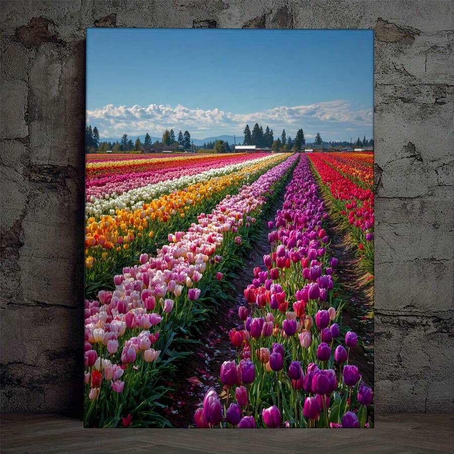 Cuadro 2D plano, 2D plano, 1 pieza de arte en lienzo con un campo de tulipanes - Decoración de pared de jardín de tulipanes holandeses en tonos suaves - Listo para colgar, obra de arte floral - Sin marco - Ver 1