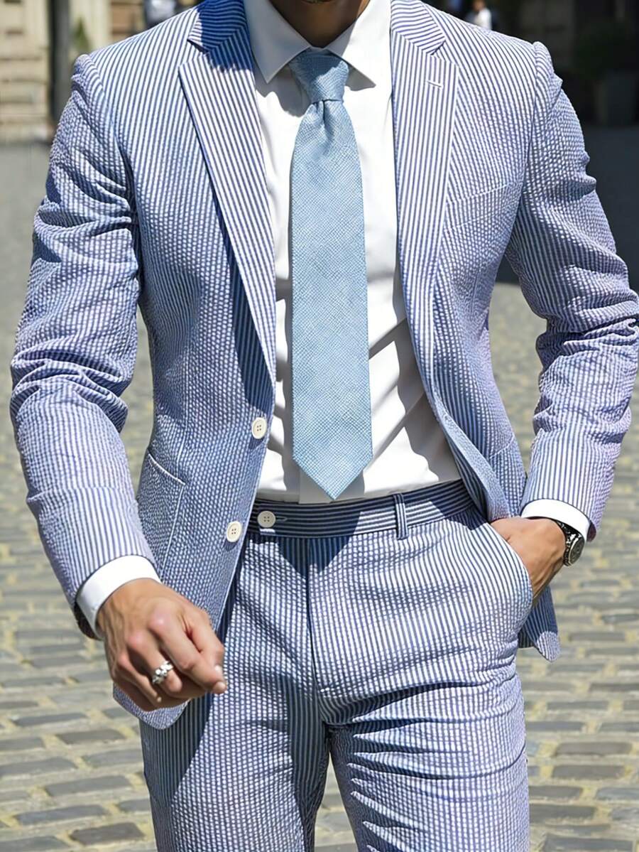 Men's Two-Piece Suit, Seersucker Fabric, Elegant Suit Jacket, Matching Trousers, Casual Business Wedding Suit, Men's Formal Suit, Wedding, Business Caformal Event Attire, Elegant Men's Wear, Exquisite Appearance, High-Quality Seersucker Material - 藍色 - 查看 1