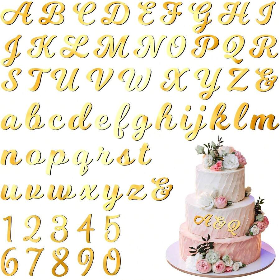 64pcs Dekorasi Huruf & Angka Akrilik untuk Kue, Angka 0-9 dan Huruf A-Z Bercermin, Hiasan Kue DIY untuk Ulang Tahun, Pernikahan, Baby Shower, dll. (Emas) - Emas - View 1