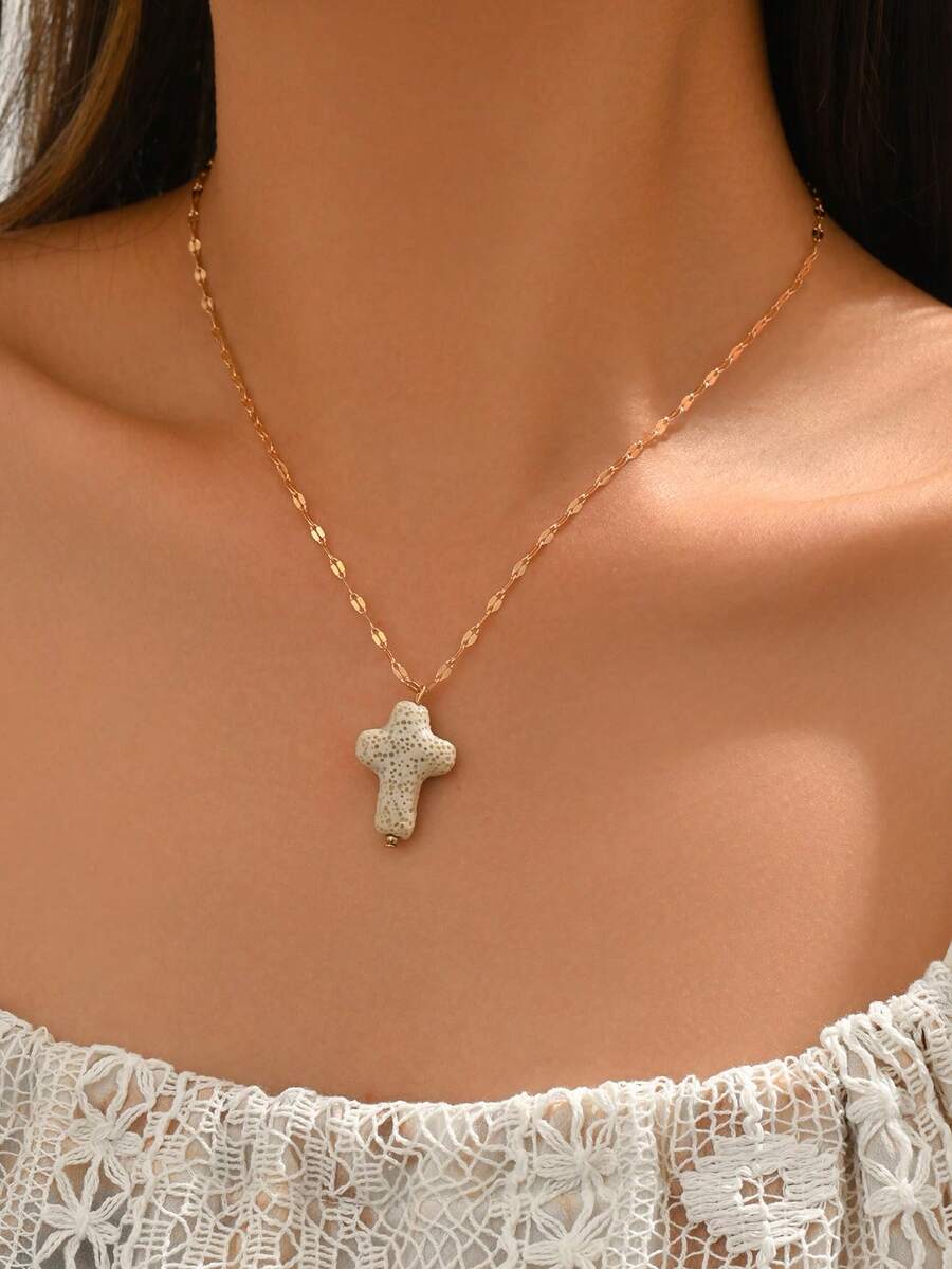 1pc Casual Minimalist Elegant Artificial Stone Cross Pendant Necklace, Suitable For Women's Daily, Commute, Vacation Matching, Valentine's Day Gift, Mother's Day Gift, Easter Accessory - Gold - View 1