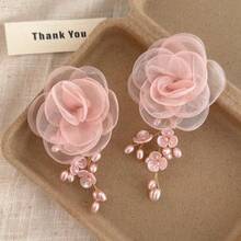 2PC Pink Mesh Flower High-End Forest Style Tassel Niche Women's Earrings - 粉色 - 查看 4