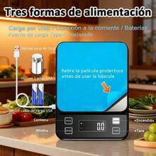 Báscula de cocina electrónica profesional 0.1g-10kg, recargable, impermeable, con función tara y contador, precisa para repostería y alimentos - Negro1 - Ver 5
