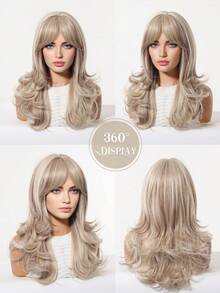 20 Inch Two Color Brown And Blonde Wig With Bangs Body Wave Wig For Women, Machine Made Heat Resistant Synthetic Wig, Natural Looking Daily Wear Wig For Office & Party - Brown - View 7