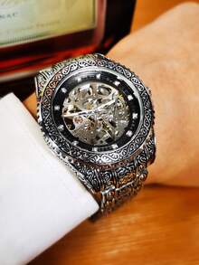T-WINNER 1 pieza Reloj de pulsera automático mecánico clásico vintage para hombre con bisel giratorio, manecillas luminosas, esfera con decoración de diamantes, pulsera de acero inoxidable de lujo, para negocios y uso casual - Plateado - Ver 9