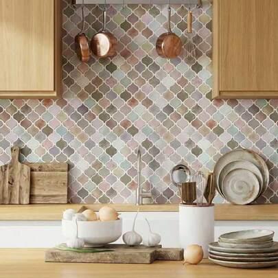 Gạch men tự dính màu hồng kiểu Ả Rập, kích thước 10.6"x10.6", dùng ốp tường bếp, gạch dán tường, giấy dán tường, trang trí mùa xuân làm mới ngôi nhà, nhãn dán trang trí ngày lễ, quà sinh nhật/tốt nghiệp.