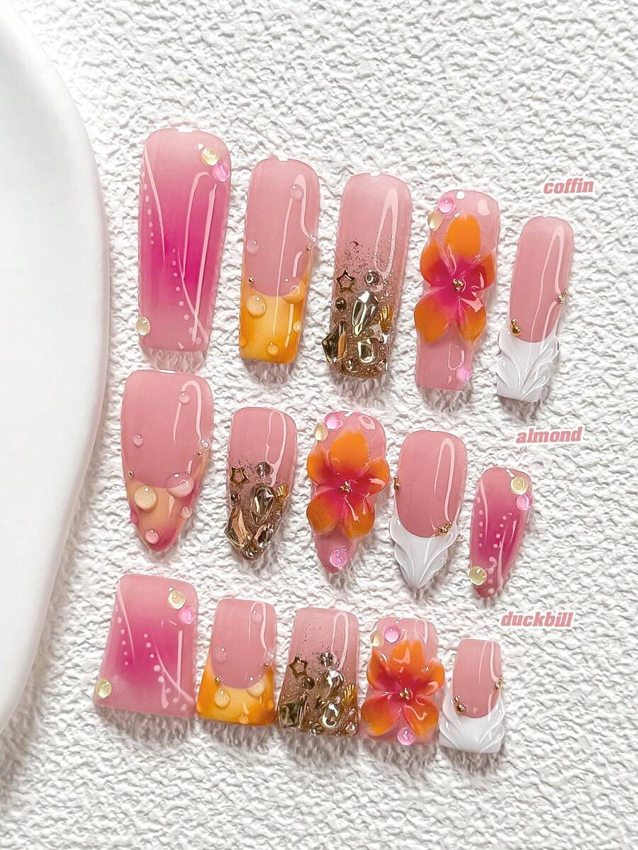 10Pcs Sweet Style Handmade Press On Nail,Polygel Nail Set,Hand Sculpted Flowers,Rhinestones Accents,White And Yellow Nail Polish,French Style,Includes Nail Tools,3 Sizes Available,Almond,Duck,Coffin Nails For Party,Dance,Daily Wear. - 彩色 - 查看 1