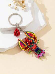 1pc Handmade Rice Bead & Rhinestone Lobster Shaped Decorative Charm For Women Handbag Beach Essentials Purse Charm Purse - 紅色 - 查看 6