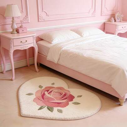 1pc Pink Floral Heart-Shaped Plush Bedside Carpet, French Ins Style Floral Pattern Living Room Window Carpet, Romantic Bedroom Decor Carpet, Soft Fluffy Balcony Leisure Mat, Spring/Summer Theme Decorative Carpet, Bedroom Decor, Small Rug, Carpet, Home Decor, Living Room Carpet, Living Room Small Rug, Bedroom Carpet, Living Room Home Decor, Outdoor Carpet, Washable Carpet, Suitable For Party Decoration, Upgrade Home Style
