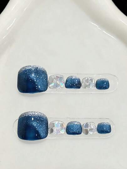 10 Móng Chân Giả Dán, Móng Chân Thủ Công, Móng Chân Màu Xanh Dương, Móng Chân Bóng, Móng Chân Lấp Lánh. Làm Cho Ngón Chân Đẹp Hơn, 10 Móng Chân Giả Lấp Lánh | Móng Chân Giả Lấp Lánh Cho Mùa Hè