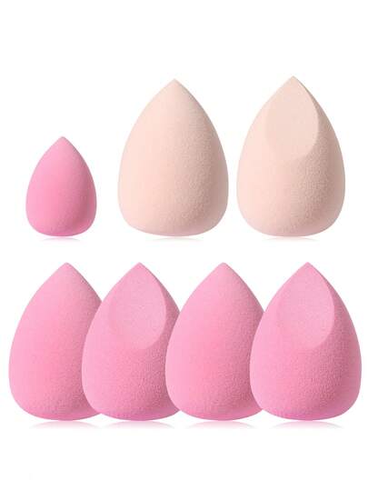 Bộ 7 miếng mút trang điểm đa năng, dùng được cả khô và ướt, thiết kế hình giọt nước và vát cạnh, mềm mại và không thấm nước.