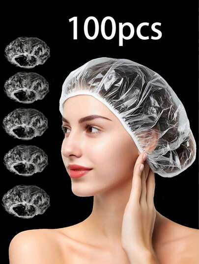 50/100pcs Disposable Plastic Shower Caps, Waterproof Shower Head Covers, Beauty Dye & Dust Proof Hair Covers, For Kitchen, Hotel, Salon, Bathroom, Kitchen Supplies, Cleaning Protection (Pink, White, Yellow, Blue), Back To School Season