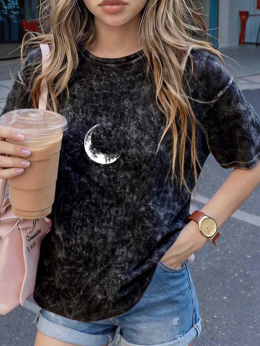 Women's Summer New Moon Pattern Printed Round-Neck Short-Sleeved T-Shirt, Casual Loose Versatile Top, Fashionable Daily Wear Black - Black - View 1