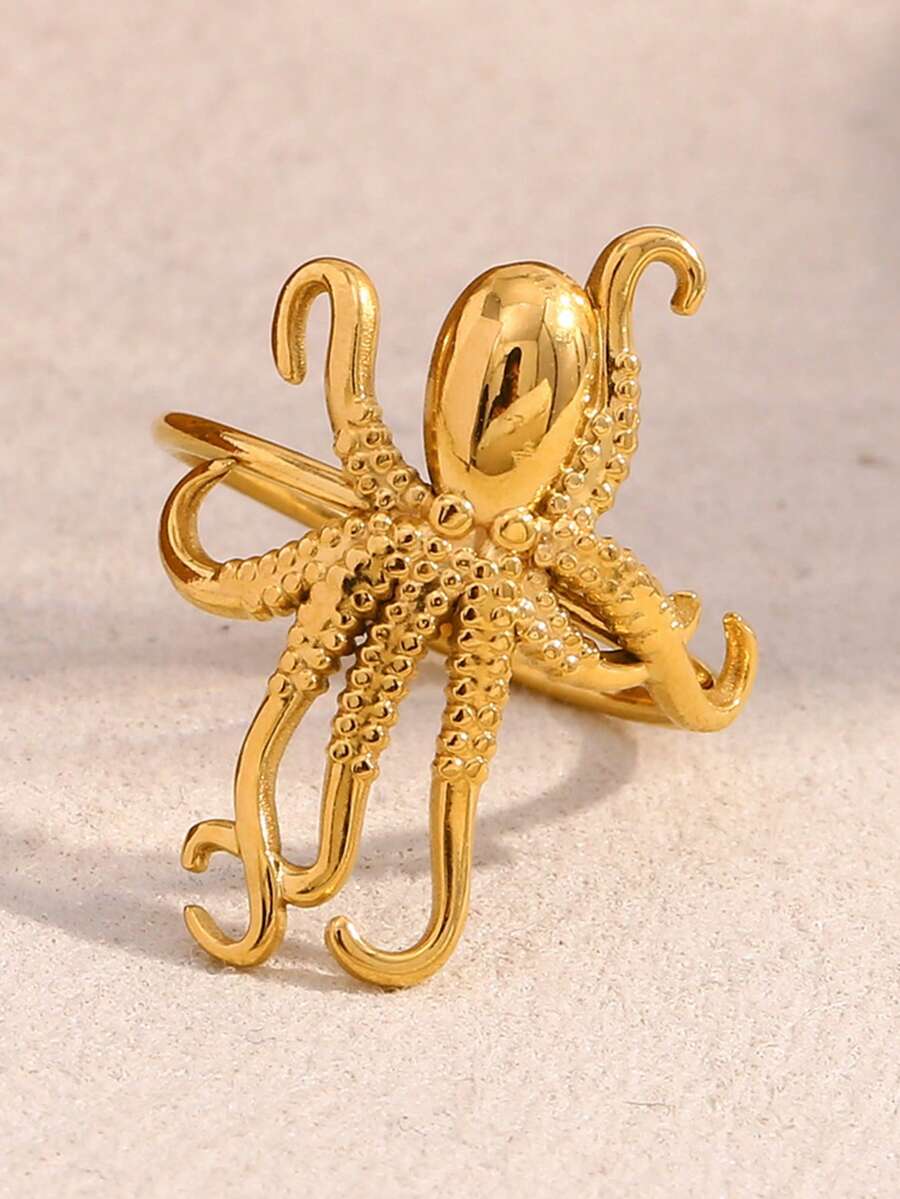 1件夸张造型海洋系列饰品,18K镀金不锈钢章鱼开口戒指 - 金色 - 查看 1