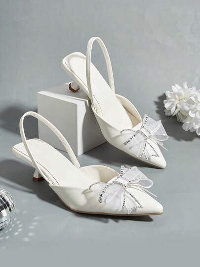 女士尖头高跟鞋，蝴蝶结装饰，后跟系带，优雅舒适时尚猫跟凉鞋