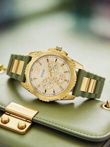 GUESS W0325L5 Multi-Function Crystal Wristwatch, With Navy Blue Patent Leather Strap, Fashion Essential - Gold - View 2