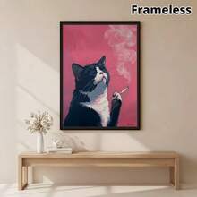 一幅无框油画，描绘了一只抽烟的猫，以黑猫为主题的帆布印刷海报。独特而富有创意的墙面艺术装饰，适用于客厅、卧室、办公室和餐厅。印刷艺术品。 - 卡通 - 查看 2