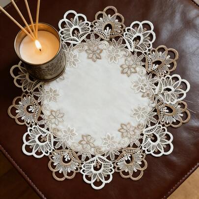 1pc French Retro Round Lace Embroidered Decorative Pad, Elegant Display Prop, Floral Tablecloth, Jewelry Mat, Placemat