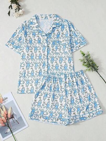 New European And American Women's Pajamas, Cartoon Monkey Print Pajamas Set, Cardigan Short Sleeved, Elastic Waist Shorts, No Deformation Or Fading, Soft, Casual And Comfortable Home Wear