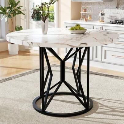 Round Dining Table (100*100*76cm), Kitchen Table, Round Coffee Table For 4-6 People, Suitable For Dining Room, Living Room, Metal Table Legs, Geometric Table Legs, Black Legs