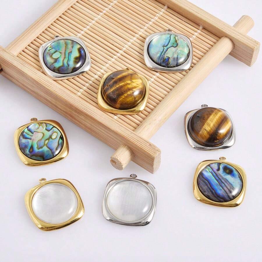 1件/6件装 奢华不锈钢镶嵌贝壳 金/银圆形贝壳吊坠项链/耳环 DIY珠宝配件，真空电镀珠宝制作饰品 - S3253 - 查看 1