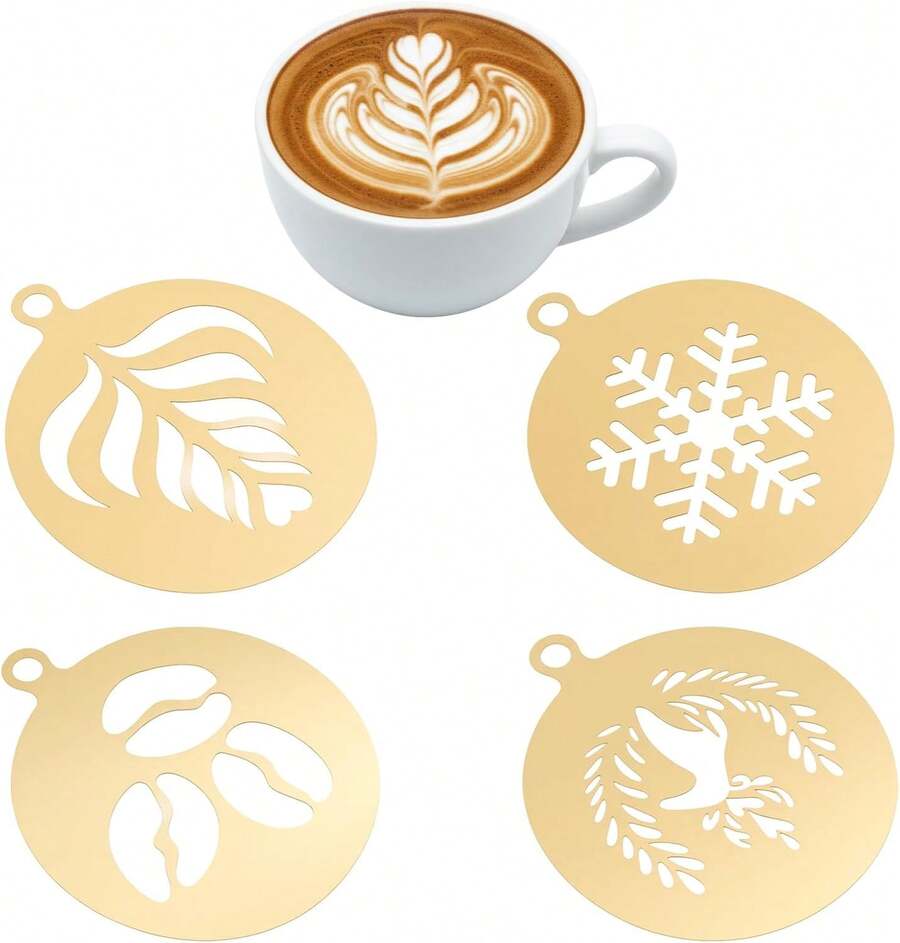 Guduling 4 Pcs Coffee Stencils Latte Art,Large Coffee Stencils,Lattes Stencilss With Various Patterns For Cappuccino Chocolate Lattes Cake Drating Coffees Shop And Home Use(Gold,4.53IN) - Apricot - View 1