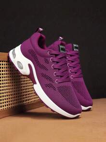 Zapatos deportivos de moda para mujer, zapatos para caminar de malla transpirable para mujer, zapatos para correr con colchón de aire para mujer, diseño con cordones, modernos y versátiles, antideslizantes y resistentes al desgaste. - Morado - Ver 5