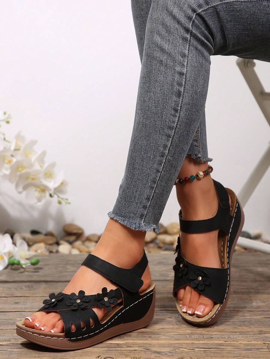 Women's Black Wedge Sandals, Open Toe Platform Buckle Strap Comfortable Non-Slip Summer Shoes - Black - View 1