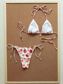 QKJ Seashell Print Triangle Bikini Top Halter Neck Tie Back Adjustable Slim Strap Soft Stretch Fabric Ruched Gathered Cup Detail Removable Padding Deep V Neck Minimal Coverage Enhances Bust Shape Center Front Metal Ring With Shell Charm Detail Paired With Matching Bikini Bottom Low Rise High Cut Leg - Hot Pink - View 4