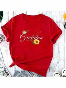 Camiseta T-Shirt Feminina Gratidão Girasol Colors Algodão Camisa Blusa - Vermelho - Visão 2