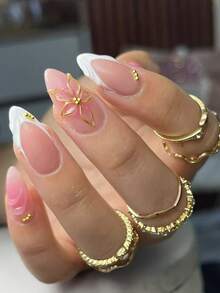 24片杏仁形白色花朵法式美甲贴纸，粉色花朵美甲设计，镶嵌金属珠，法式美甲贴纸套装包含1片果冻胶和1个指甲锉，适合女性日常工作、节日和派对等场合佩戴。 - 彩色 - 查看 7