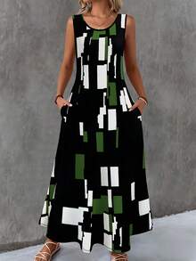 Plus Size Pocket Full Print Summer Vacation Casual Daily Sleeveless Geometric Print Dress, Spring/Summer Elegant - Green - View 2