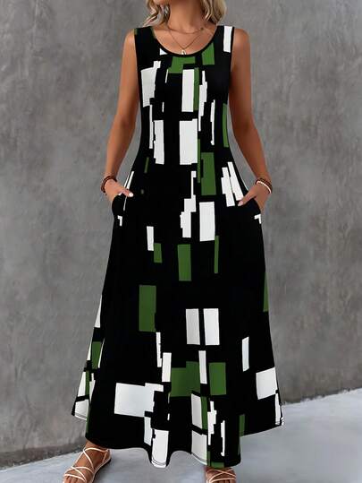 Đầm cỡ lớn có túi, in họa tiết toàn thân, kiểu dáng mùa hè, đi nghỉ mát, thường ngày, không tay, họa tiết hình học, thích hợp cho mùa xuân/hè.