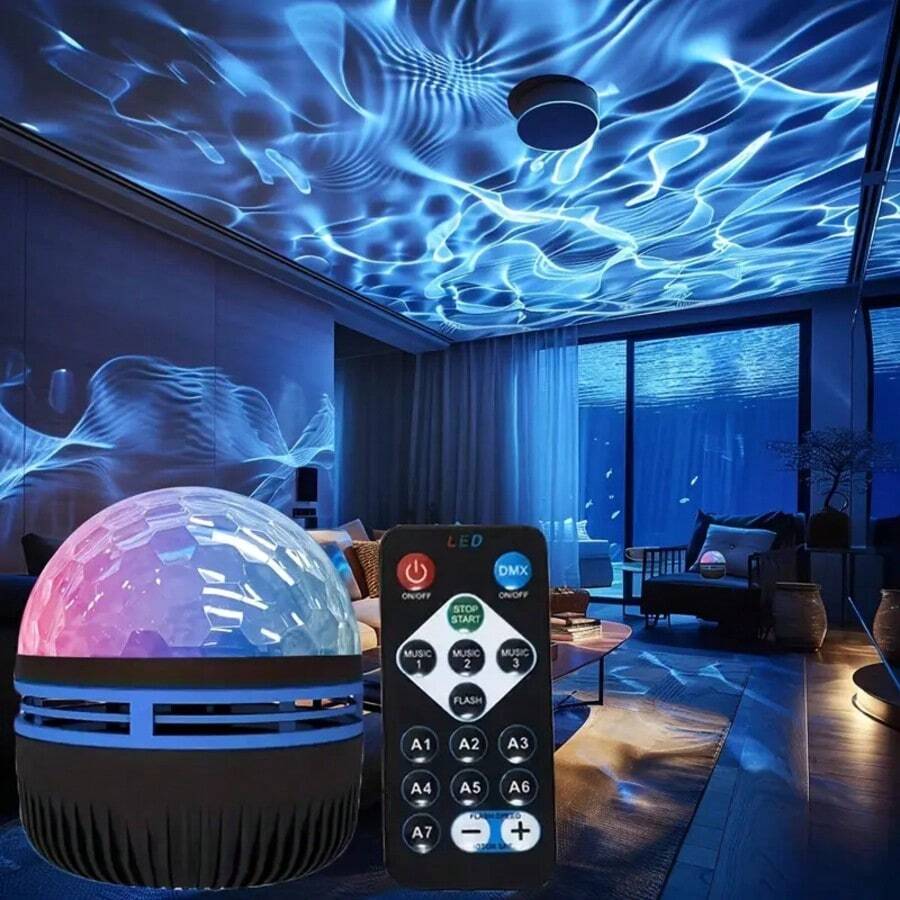 1 pieza Proyector de efecto de ondas alimentado por USB, proyector de cielo estrellado RGB LED con control remoto, 7 patrones de color, regulable, iluminación multicolor, sin necesidad de batería, adecuado para dormitorio, cine en casa, decoración de habitación, regalo de vacaciones, boda, camping