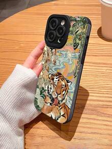 1 Piece Stylish Retro Cute Tiger Pattern Premium Faux Leather Shockproof, Fingerprint-Resistant, And Anti-Drop Phone Case, Compatible With Apple And Galaxy Models Compatible With IPhone & Compatible With Samsung Galaxy - Grey - View 4