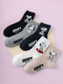 5 Pasang Kaos Kaki Wanita Motif Ekspresi Anak Anjing Kartun Seri SNOOPY Asli Setinggi Betis - MultiWarna - View 7