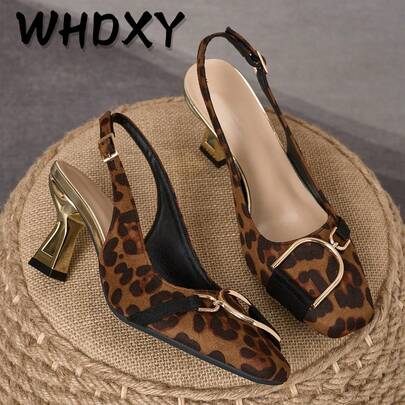 Giày sandal cao gót bất đối xứng 7cm họa tiết da báo cổ điển, mũi vuông, khóa kim loại, phong cách quyến rũ, đa năng dành cho nữ.