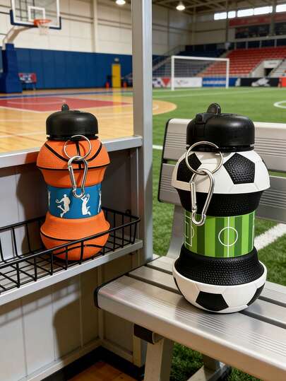 1 pieza Botella de agua deportiva plegable de silicona de 550ml con formas de fútbol y baloncesto, adecuada para camping y actividades al aire libre, esencial para el hogar y los viajes, taza de agua deportiva portátil