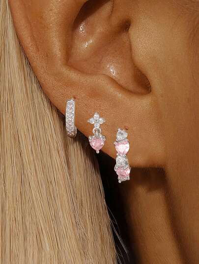 3 piezas Nuevos pendientes de aro con forma de corazón dulce y fresco, juego de pendientes para mujer con flores de circonita dainty, hipoalergénicos y lindos
