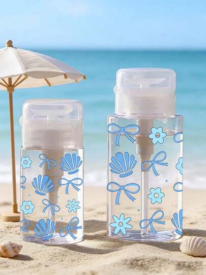 New Summer Seashell Bows Pattern Clear PET Refillable Travel Bottle, Makeup Remover Dispenser, Summer Beach ,Dispensing Bottle With 3.38oz/6.76oz Portable Pump Dispenser For Nail Polish Remover, Toner And Makeup Remover, Dome Design, Hand Wash Only, Reusable, Makeup Remover Bottle (Manual Measurement, 2cm Error Is Normal, Milliliters Are Accurate)