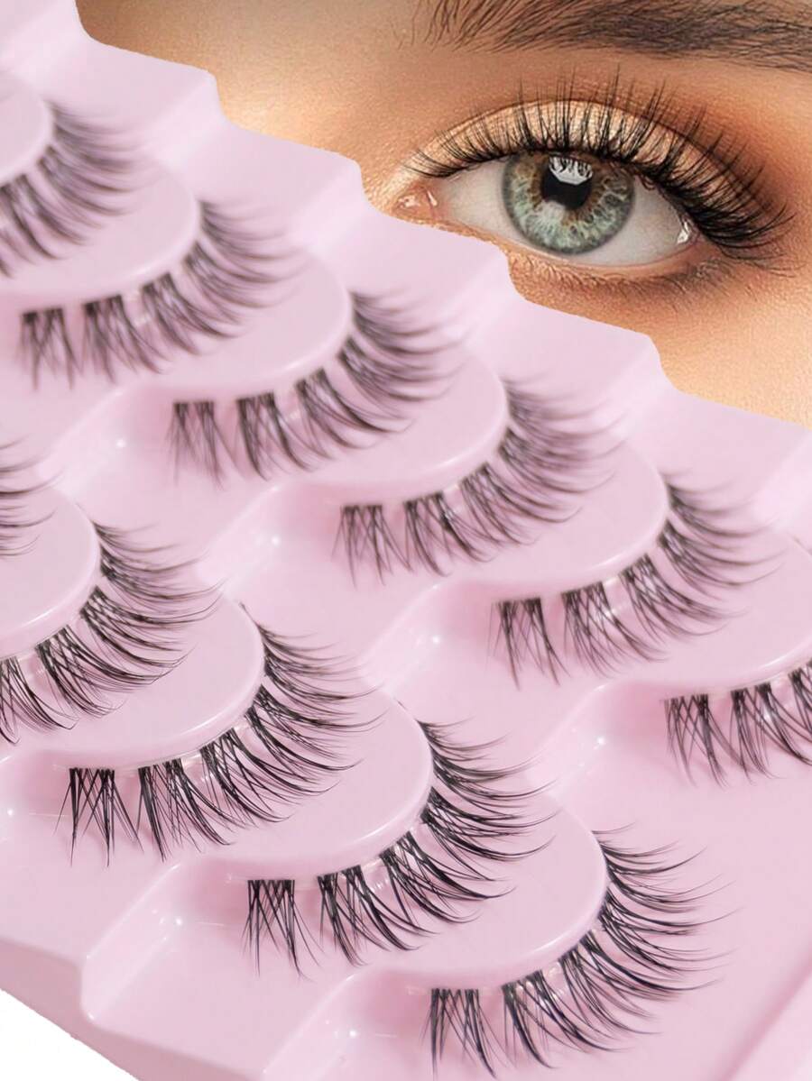 10/20 Pairs Natural Criss-Cross Full False Eyelashes, Transparent/Black Stem, Fluffy & Delicate, Suitable For Daily Use, Manga Style, Travel Essential - Black - View 1