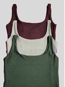 Set Of 3 Cropped Tank Tops, Blogger Style, New Release - Verde militar, beige, marrón café - Ver 1