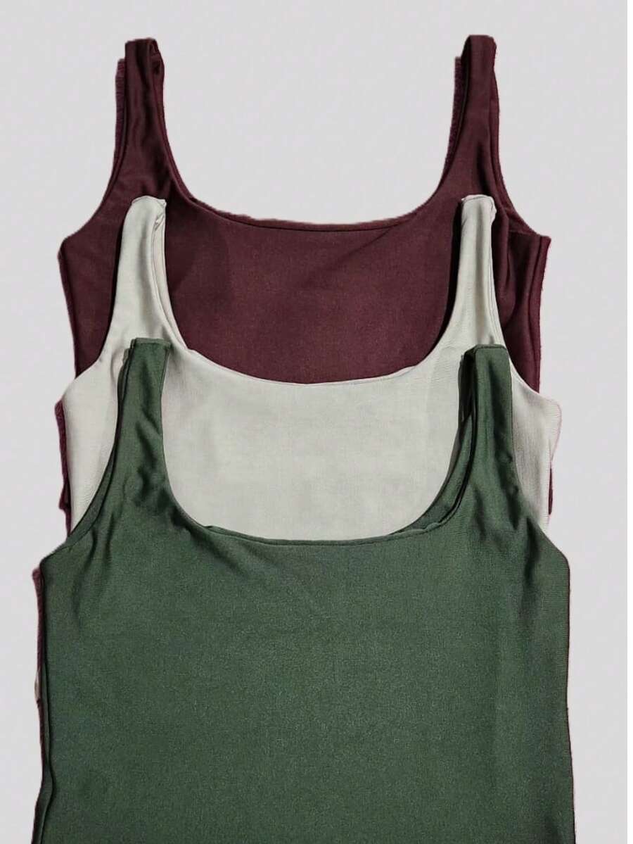 Set Of 3 Cropped Tank Tops, Blogger Style, New Release - Verde militar, beige, marrón café - Ver 1