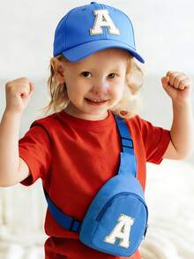 2 piezas Conjunto de gorra de béisbol con 26 letras y bolso bandolera para niños, gorra de sol azul ajustable + bolso de pecho casual, adecuado para uso diario - Azul - Ver 3