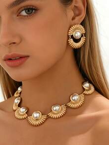 2 Peças Conjunto de Colar e Brincos com Padrão de Concha Falso Pérola, Estilo Europeu e Americano, Luxuoso, Elegante Vintage para Festa - Amarelo dourado + branco - Visão 1