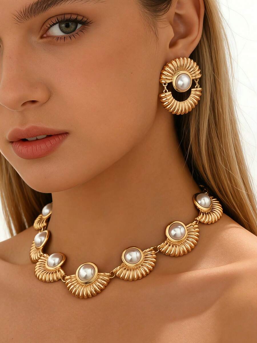 2 Peças Conjunto de Colar e Brincos com Padrão de Concha Falso Pérola, Estilo Europeu e Americano, Luxuoso, Elegante Vintage para Festa - Amarelo dourado + branco - Visão 1