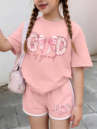 女童花卉字母蝴蝶结印花圆领T恤+短裤套装，舒适日常夏季穿搭