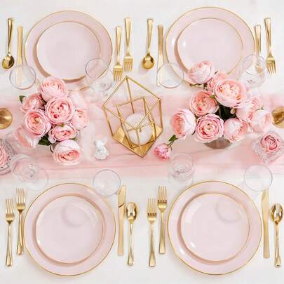 1件粉色单层金边餐具，食物托盘，水果沙拉盘，餐盘，可重复使用可清洗沙拉餐具，适用于婚礼装饰、节日装饰、生日派对、家庭聚会、户外团队建设、学校、餐厅和厨房派对餐具，家庭学校季节性礼物