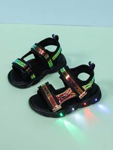 1 Pair Cute Baby/Kids Fashion LED Light-Up Leather Breathable Sneakers, Suitable For Boys And Girls - Casual, Shock-Absorbing, All-Season Non-Slip Outdoor Running And Walking Shoes - Black - View 3